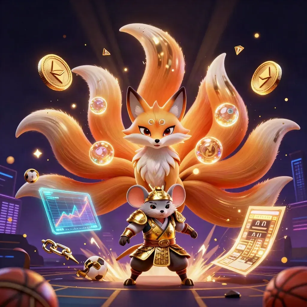 Neon fox spirit and armored mouse amid coins, balls, lightning, and gold-lit effects.