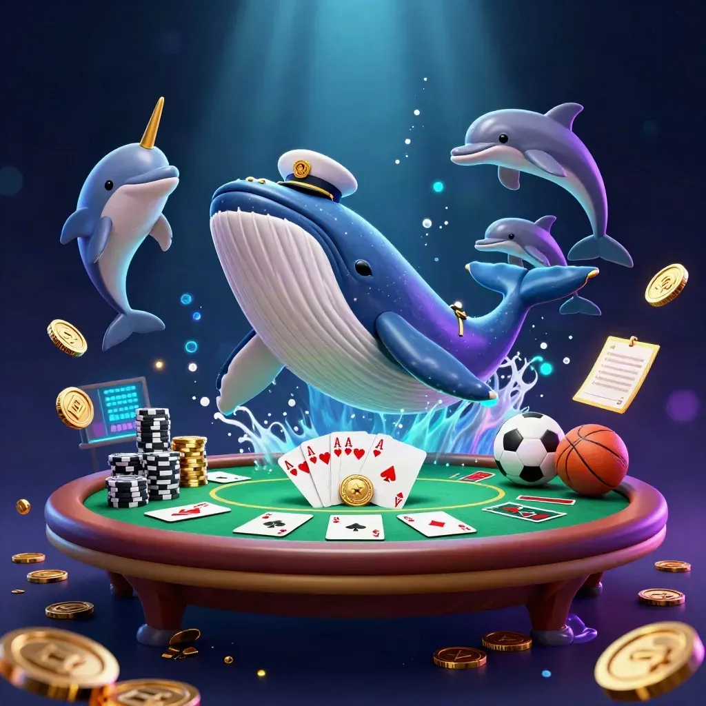 Whale captain, narwhal, dolphins, and poker table bursting in glowing casino water