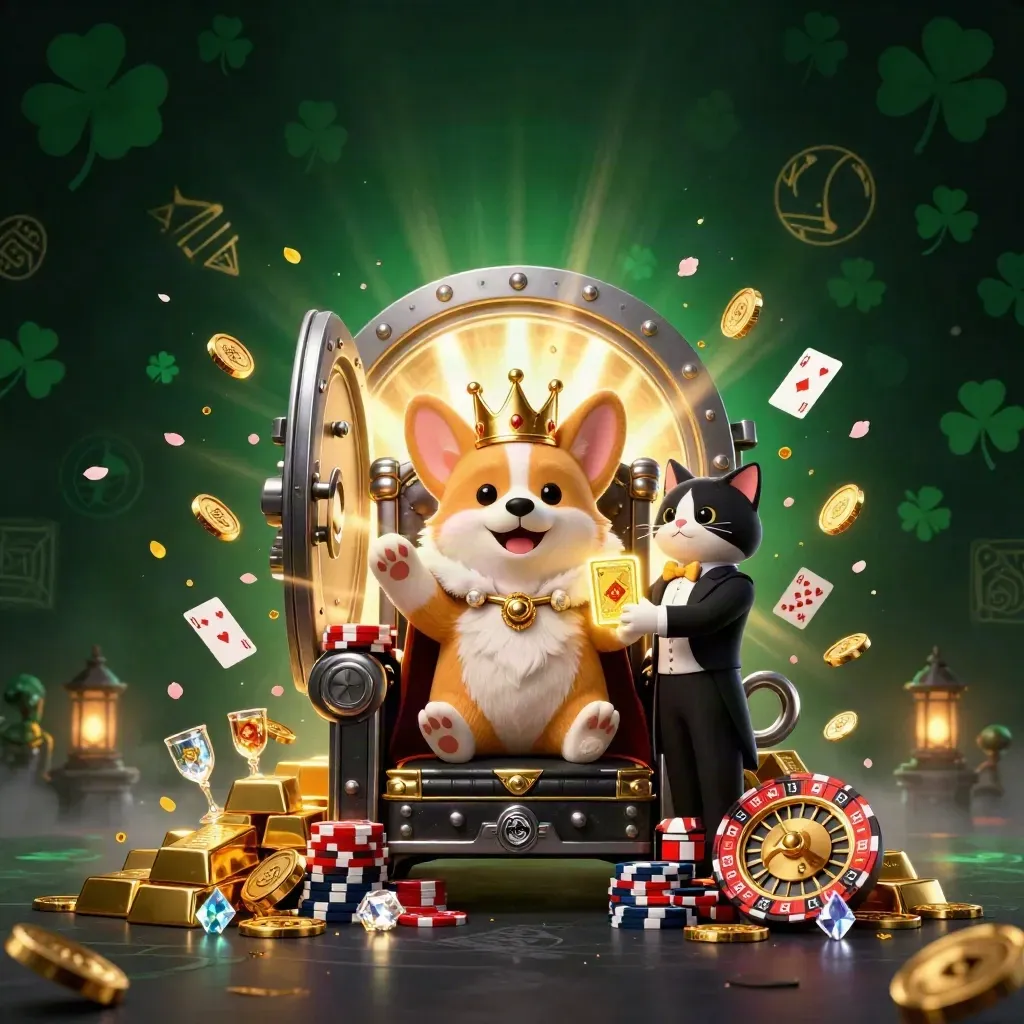 Royal corgi and cat butler amid vault gold, jewels, cards, and cinematic casino lighting.
