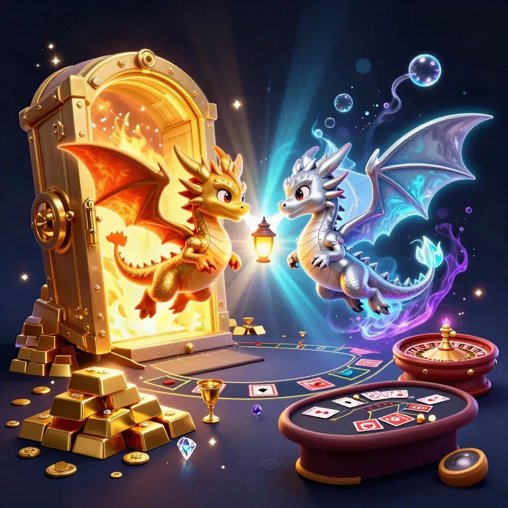 Twin gold and silver dragons spiral around a glowing vault with treasure and casino lights.
