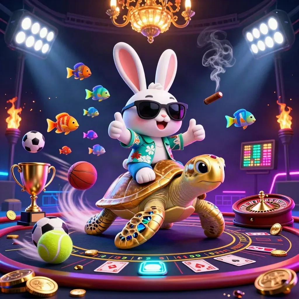 Lucky rabbit rides a gold turtle amid neon casino lights, coins, trophies, and spinning wheels.
