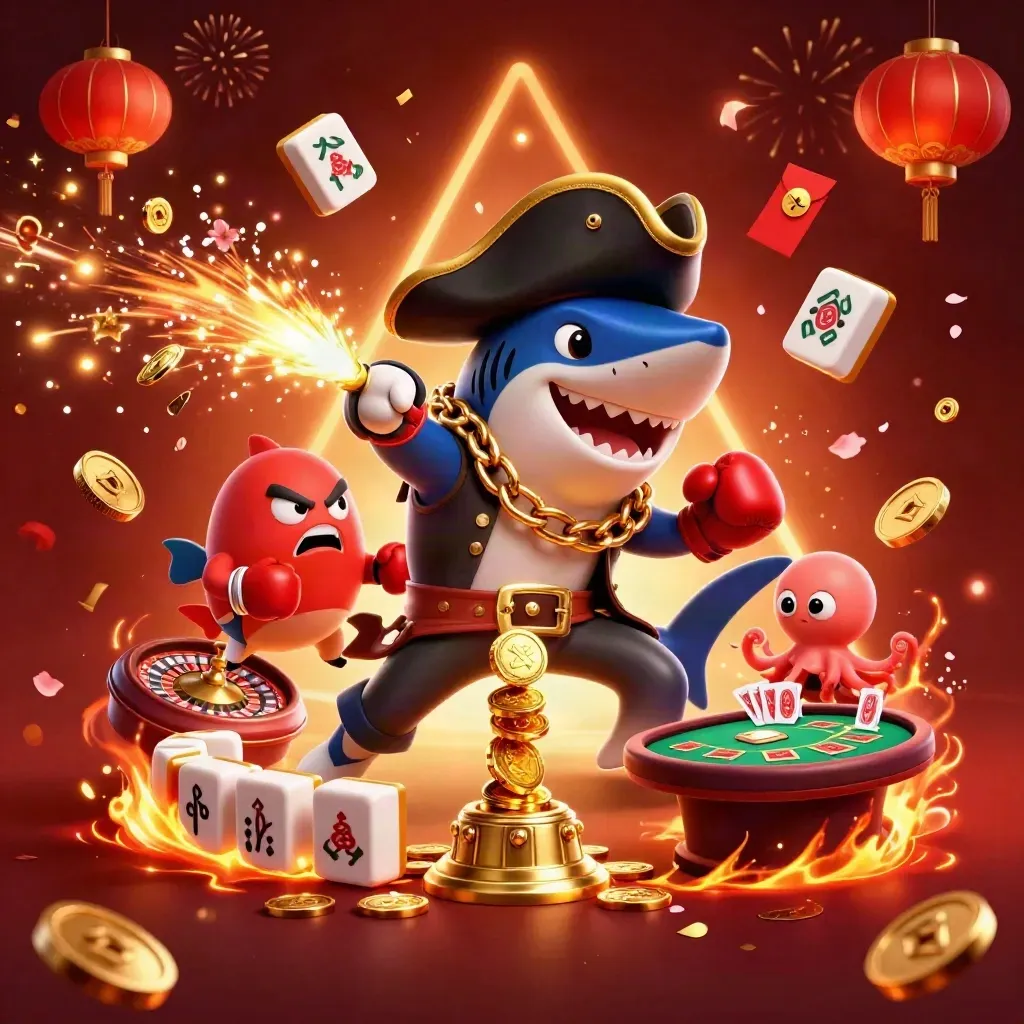 Shark captain, pufferfish boxer, and baby octopus amid gold coins, lanterns, fireworks, and a roulette wheel.