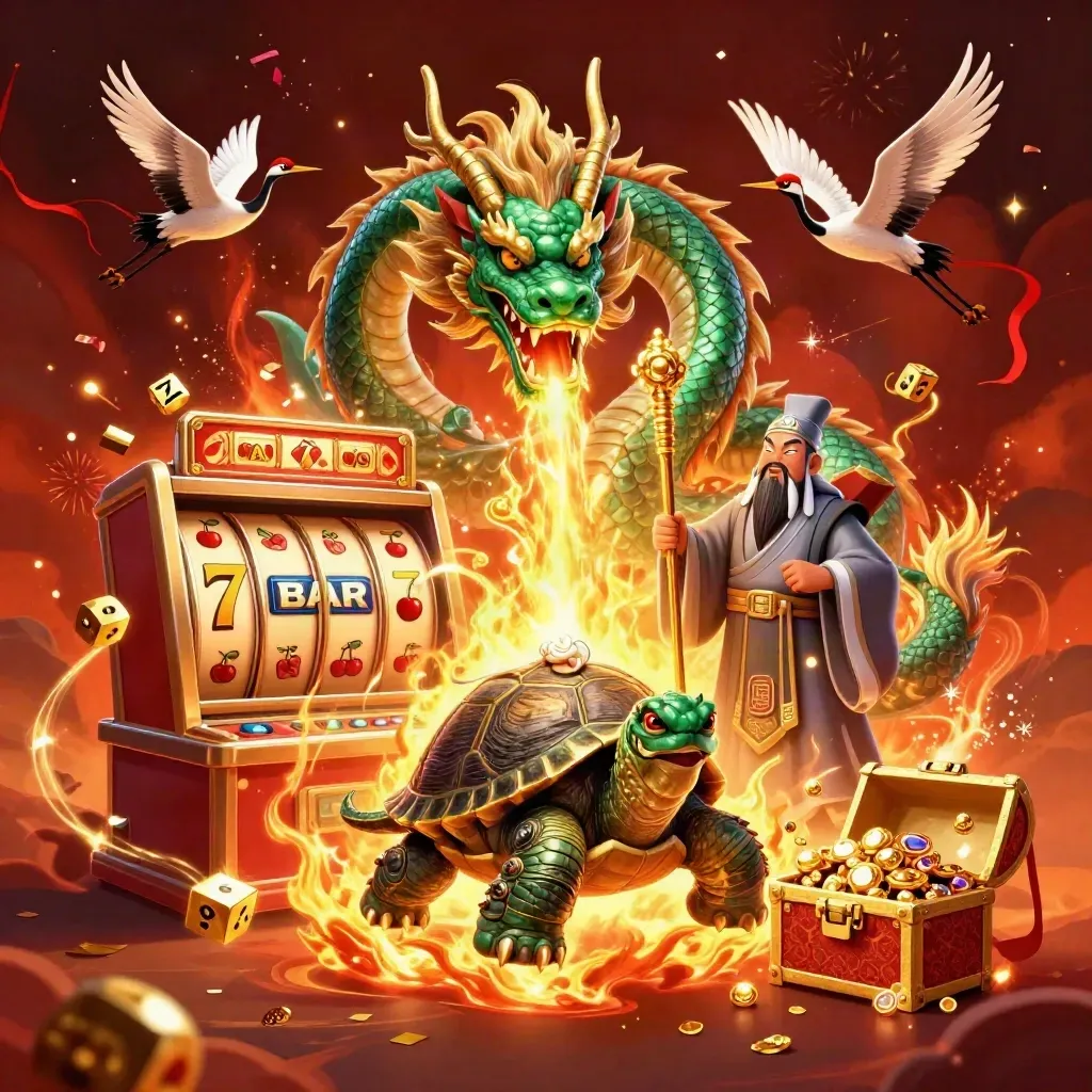 Emerald dragon, turtle sage, and cranes amid gold blasts, slot symbols, and treasure