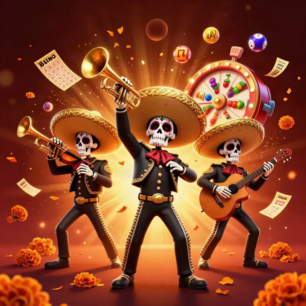 Three mariachi skeletons amid lottery balls, a prize wheel, and gold confetti in glowing casino lighting.