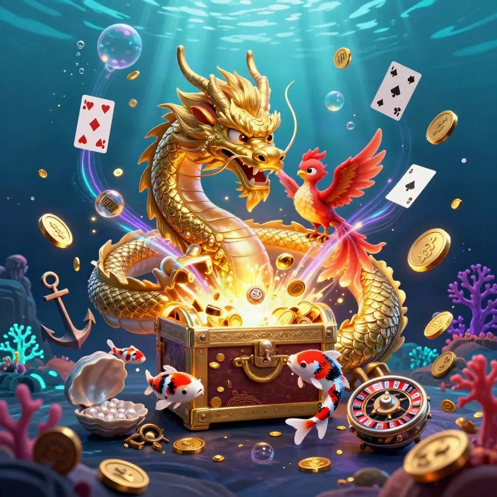 Golden dragon, phoenix, koi and treasure burst underwater with coins, coral, cards, and glowing light.