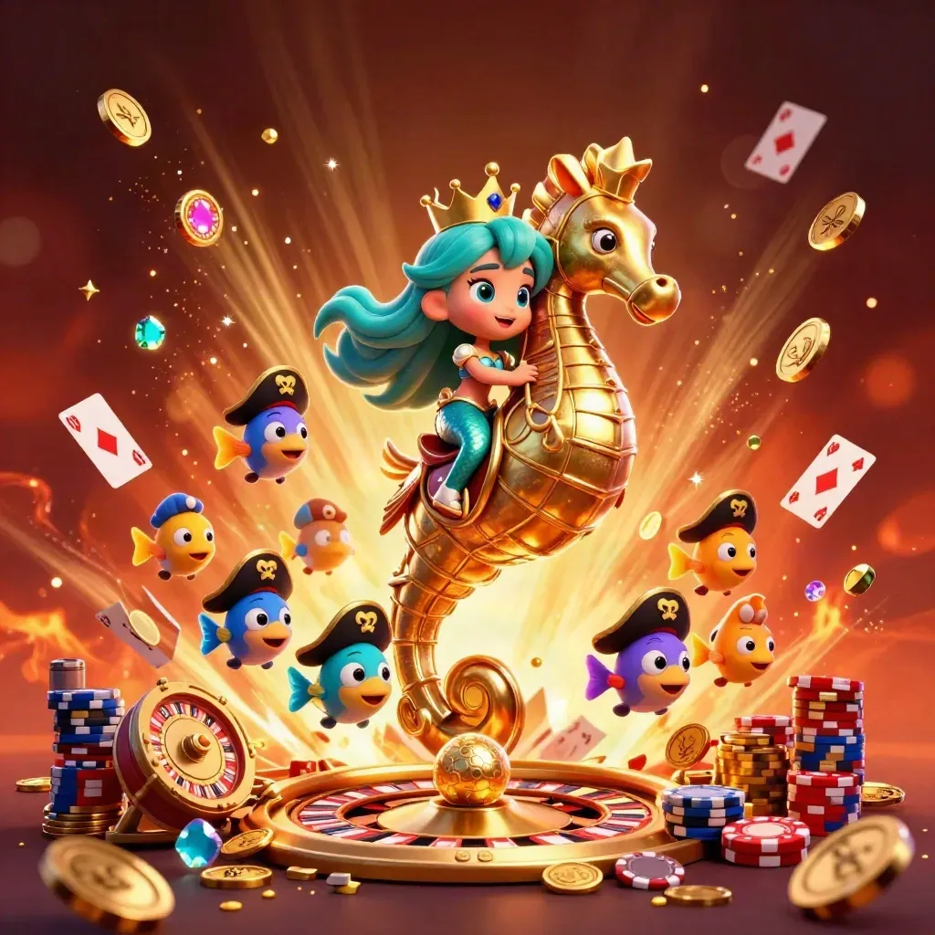 Mermaid princess on an armored seahorse amid coins, chips, cards, and fireworks