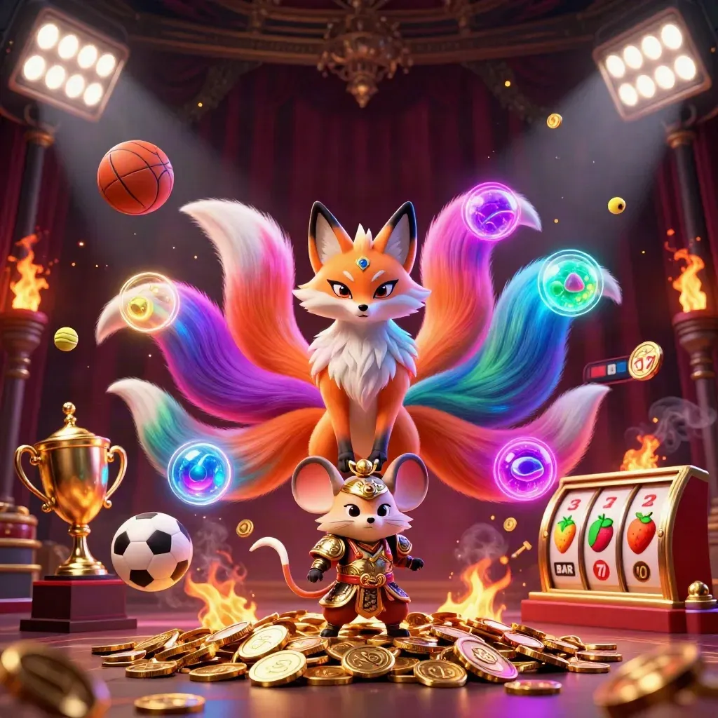 Nine-tailed fox spirit and samurai mouse amid casino coins, balls, reels and gold light
