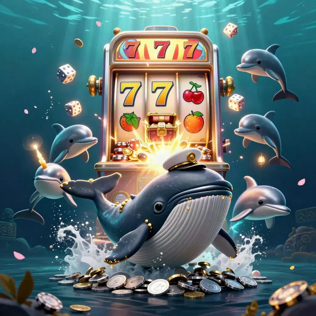 Whale captain, narwhal, dolphins and slot symbols bursting in a silver-gold underwater casino scene.