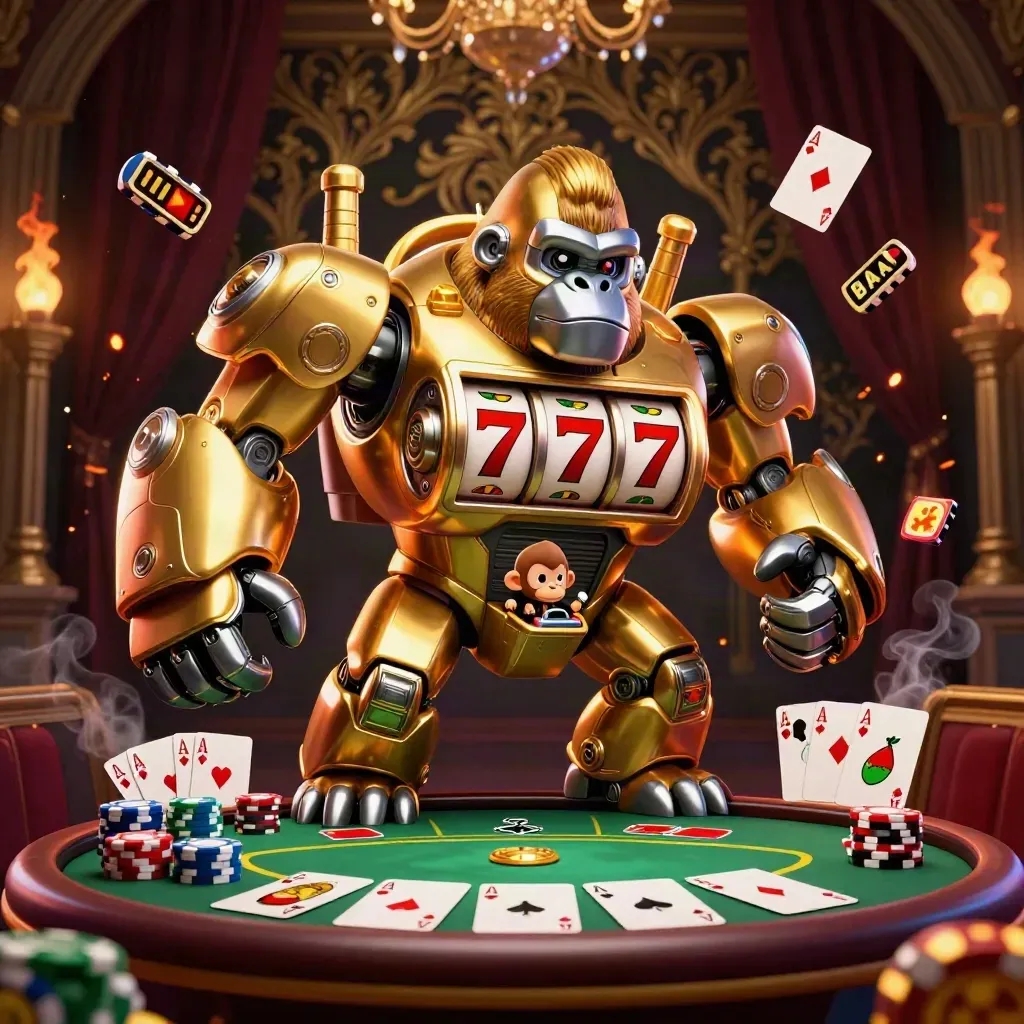 Golden gorilla mech with tiny pilot, poker chips, reels, and ember-lit luxury casino scene